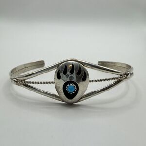 925 Sterling Silver Turquoise Bear Paw Shadowbox Cuff Bracelet 7g Southwestern